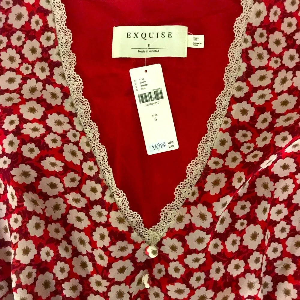 NWT Anthropologie. Feminine V-neck Red Floral Midi Dress. - Picture 2 of 5